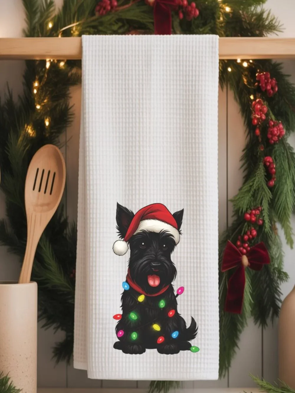 Scottish Terrier Christmas Lights Decorative Kitchen Tea Towel